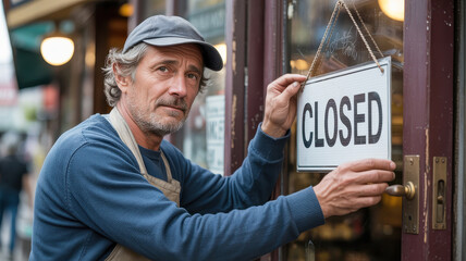 Man in apron and cap is closing shop, placing Closed sign on door with thoughtful expression