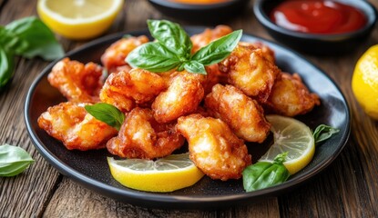 Crispy fried shrimp on a dark plate, garnished with fresh basil and lemon slices