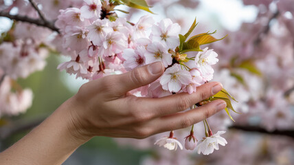 Hand gently holds cluster of delicate pink cherry blossoms, evoking sense of tranquility and connection with nature
