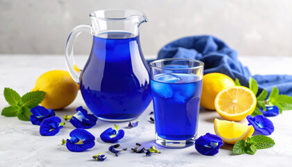 Refreshing glass and pitcher of blue butterfly pea flower tea with lemons and mint on light background
