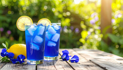 Blue butterfly pea flower iced tea with lemon slices on wooden table in sunny garden. Refreshing and vibrant