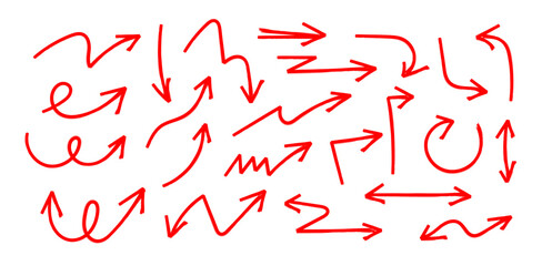 Red Marker Arrow doodle in Hand drawn style set, Sketch arrow brush drawn, decorative direction pointers element design vector collection