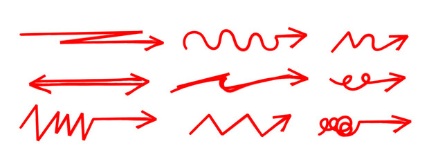 Red Marker Arrow doodle in Hand drawn style set, Sketch arrow brush drawn, decorative direction pointers element design vector collection