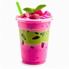 Vibrant pink and green layered drink with jelly cubes in clear cup, garnished with mint and green straw