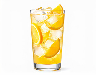 Refreshing glass of orange juice with ice cubes and orange slices on white background