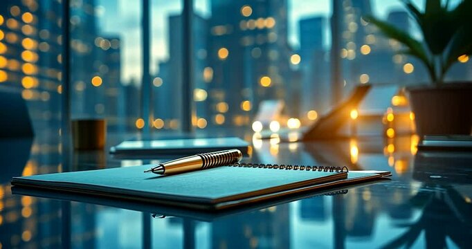 Gold pen rests on a notepad on a reflective desk, overlooking a city skyline at twilight. Warm-toned city lights blur in the background