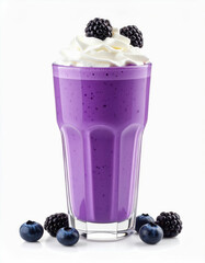 Vibrant purple berry smoothie topped with whipped cream and blackberries, surrounded by fresh blueberries, creates refreshing treat