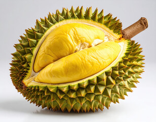 Durian fruit with spiky green shell and yellow flesh, known for its strong aroma and unique taste
