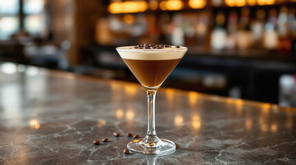 A Martini glass filled with espresso martini sits marble bar counter, garnished with coffee beans. background is softly blurred, creating cozy