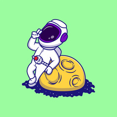 Cute Cartoon Astronaut Making Peace Sign While Sitting on the Moon – Space Exploration Vector Illustration.
