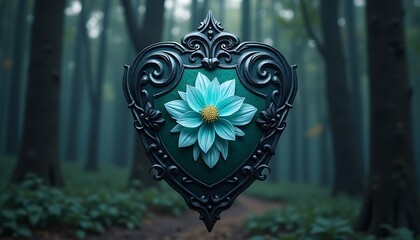 Fototapeta premium Decorative metal shield with blue flower emblem in misty forest setting