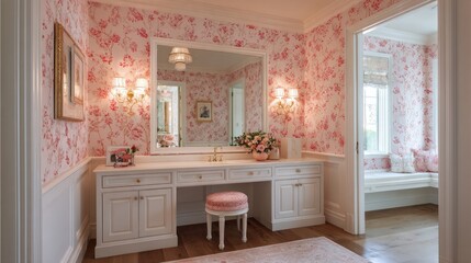 Feminine dressing area with pink floral wallpaper and vanity