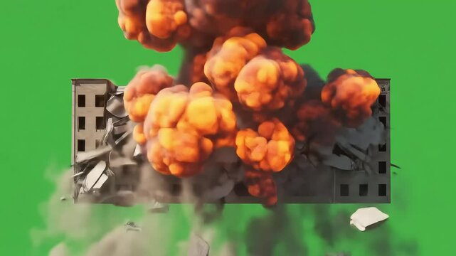 Massive Explosion Destroying Building Dramatic 3D Render on Green Screen