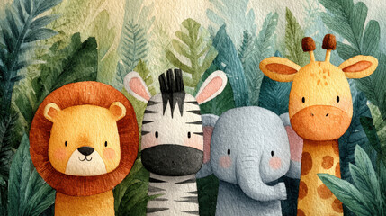 Cute watercolor illustration of lion, zebra, elephant, and giraffe in jungle setting, surrounded by lush green leaves
