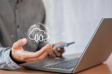 cloud computing shown in hand cloud technology data storage, data transfer, network and internet service concept, internet storage network technology	