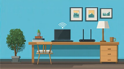 Minimalist home office with strong Wi-Fi signal near a router
