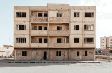 Abandoned beige apartment building, empty windows
