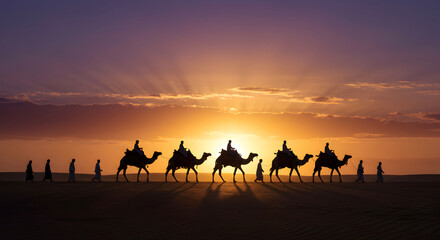 Fototapeta premium Sunset Camel Caravan Silhouette