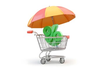 A shopping cart with a green percentage sign under a colorful umbrella on a white background