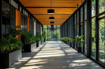 Sunlit modern office hallway with large windows and potted plants