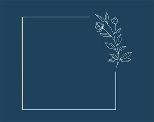 Floral and square hand drawn style. Floral navy frame of twigs, leaves and flowers. Frames for the Valentine's day, wedding decor, logo and identity template.