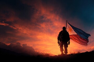 Silhouette of a soldier with the Philippines flag stands against the background of a sunset or sunrise. Concept of national holidays. Commemoration Day. High quality