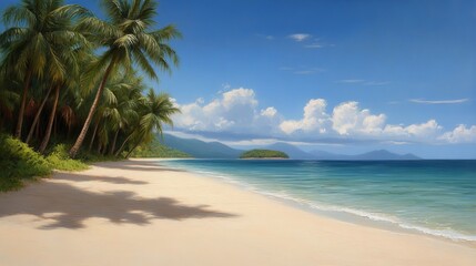 Obraz premium Serene Tropical Beach Scene Palm Trees Shade Pristine White Sand and Turquoise Ocean
