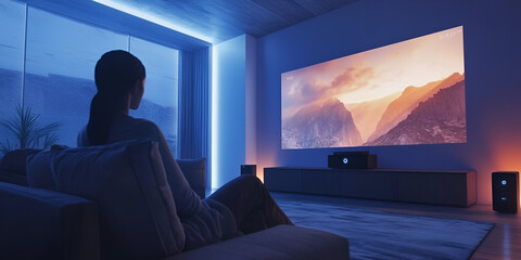 Home Interior with Projection Screen Showing Mountain Landscape, Modern Living Room and Home Entertainment Concept  
