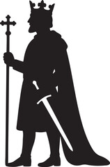 King Silhouette Holding Sword and Royal Scepter Medieval Monarch Vector Illustration for Fantasy Art Graphic Design Emblems Logos and Historical Themed Projects