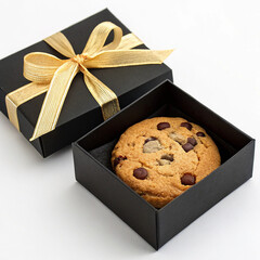 Single Chocolate Chip Cookie in a Black Gift Box with Gold Ribbon
