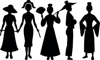 Group of women in different traditional silhouettes and positions in black