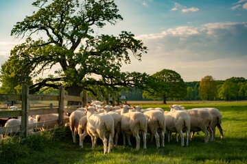 Obraz premium Flock of sheep in a pastoral field at sunset