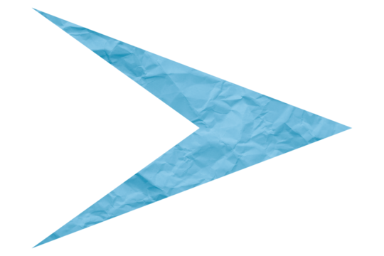 Light blue crumpled paper arrow isolated on transparent background