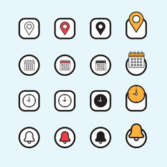 Date, time, address and notification bell icon set. business calendar schedule reminder clock sign and symbols, place pointer map event time elements isolated colorful