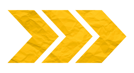 Yellow crumpled paper arrow isolated on transparent background