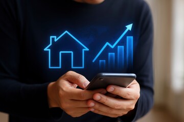 Hand Holding Phone with Digital House Icon and Rising Graph Indicating Market Increase & Property Technology
