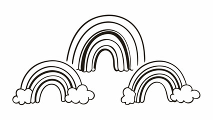 Three black and white rainbows with clouds in a simple line art drawing style illustration design created with generated ai