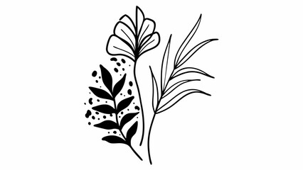 Minimalist botanical illustration with flower leaves and dots in black and white simple drawing style created with generated ai