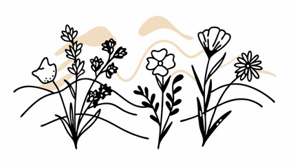 Illustration of various flowers with stems and leaves on a white background with beige abstract shapes created with generated ai