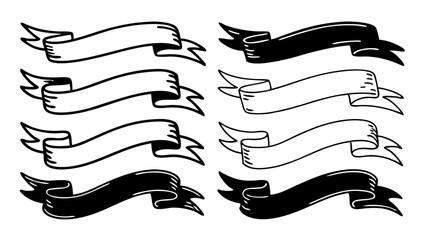 Collection of eight hand drawn style banners in black and white with curled ends and ribbon tails created with generated ai