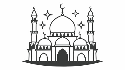 Illustration of a mosque with crescent moons and stars in a line art style on a white background created with generated ai