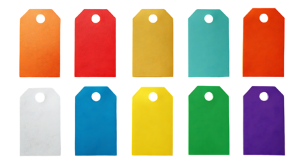 Colorful blank price tags, labels, or gift tags.
