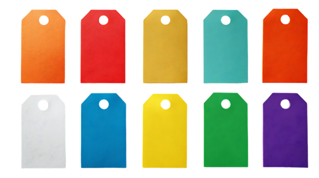 Colorful blank price tags, labels, or gift tags.