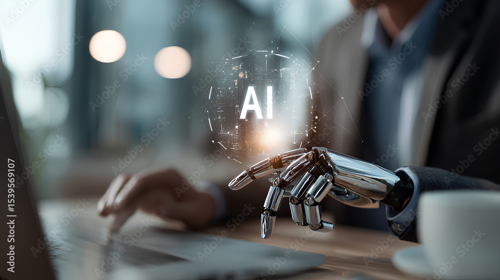 Poster businessman use artificial intelligence ai technology for enhanced work efficiency data analysis and