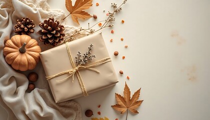 Autumn gift wrapped in beige paper with pine cones pumpkin and dry leaves on fabric background