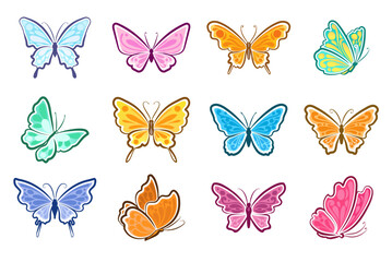Set of cartoon butterflies, simple lines, decorative patterns, various shapes of wings and colors, vector design