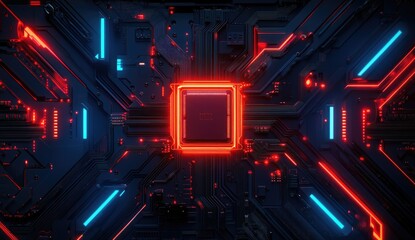 Sci-fi circuit board with glowing red/blue lines