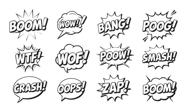 Twelve comic book style sound effect words