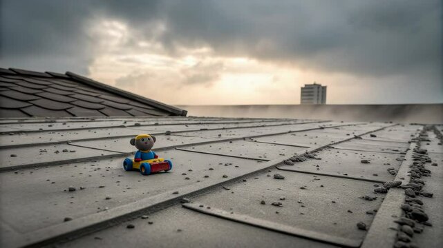 A whimsical toy monkey in a tiny car sits atop a rooftop against a dramatic sunset sky offering a unique perspective of urban architecture and playful imagery.