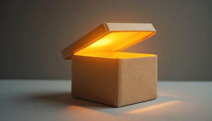 Brown cardboard box glowing from inside on white surface with gray background